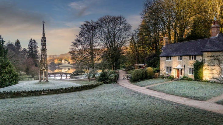 An aerial view of 89 Church Lawn, next to the Bristol Cross monument and garden at Stourhead, Wiltshire